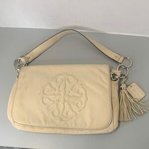 SOLINA Cream Leather Satchel Shoulder Bag with EMBOSSED Scroll, tassel, silver